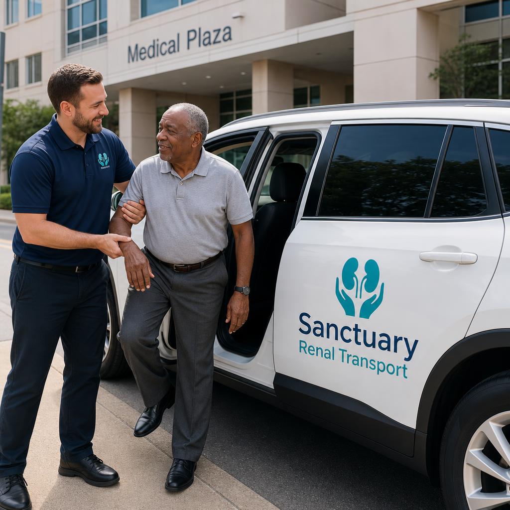 Sanctuary Renal Transport driver assisting a patient from the rear passenger side of a vehicle