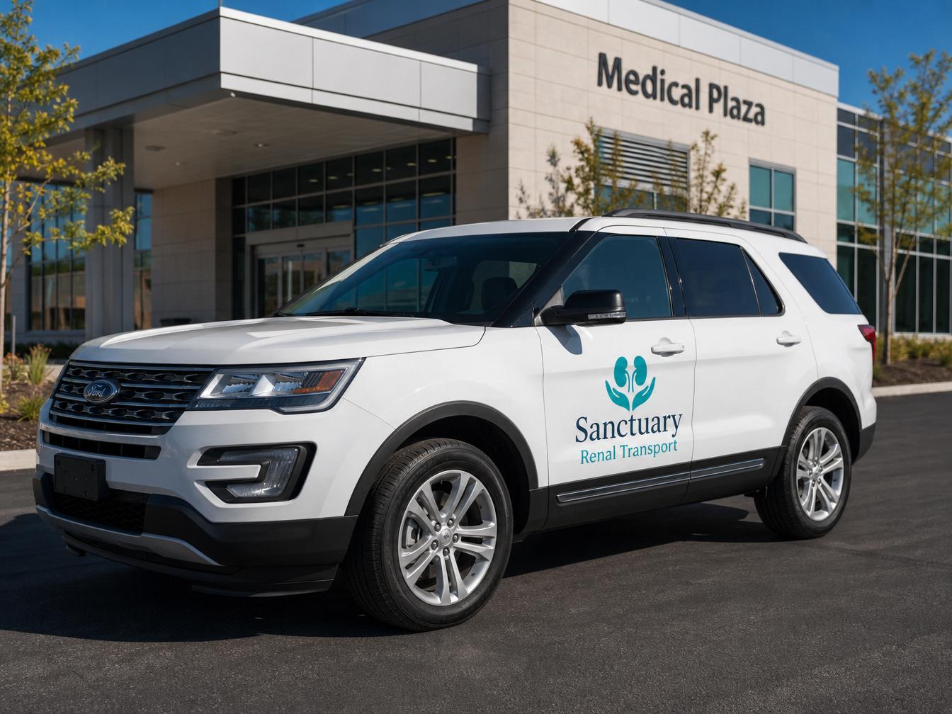 Sanctuary Renal Transport branded SUV parked at a medical office